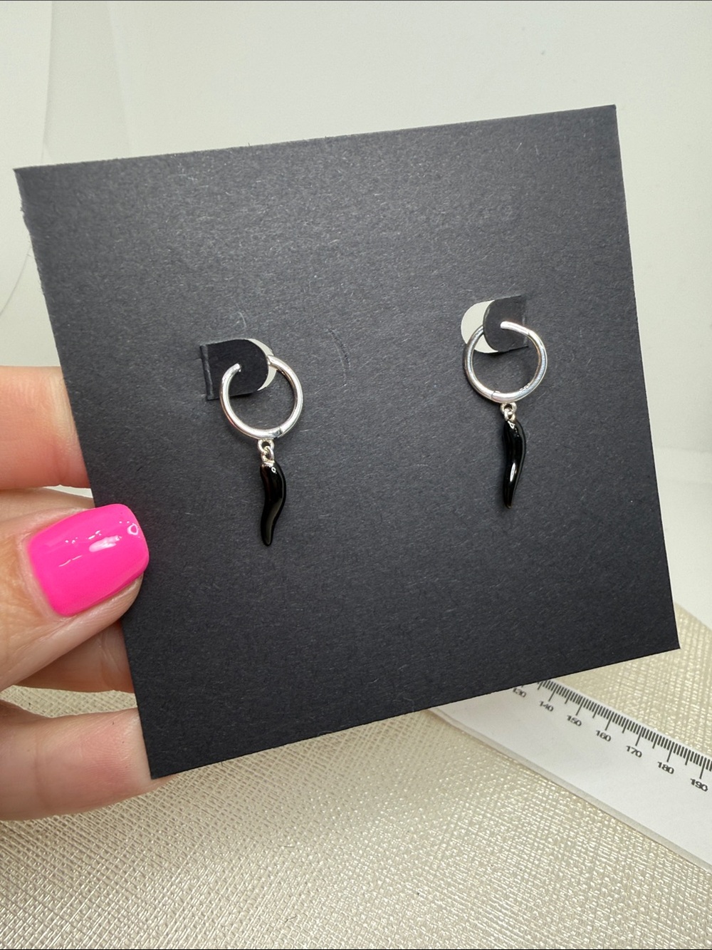 Sterling Silver Hoop Earrings with Black Italian Horn Drop